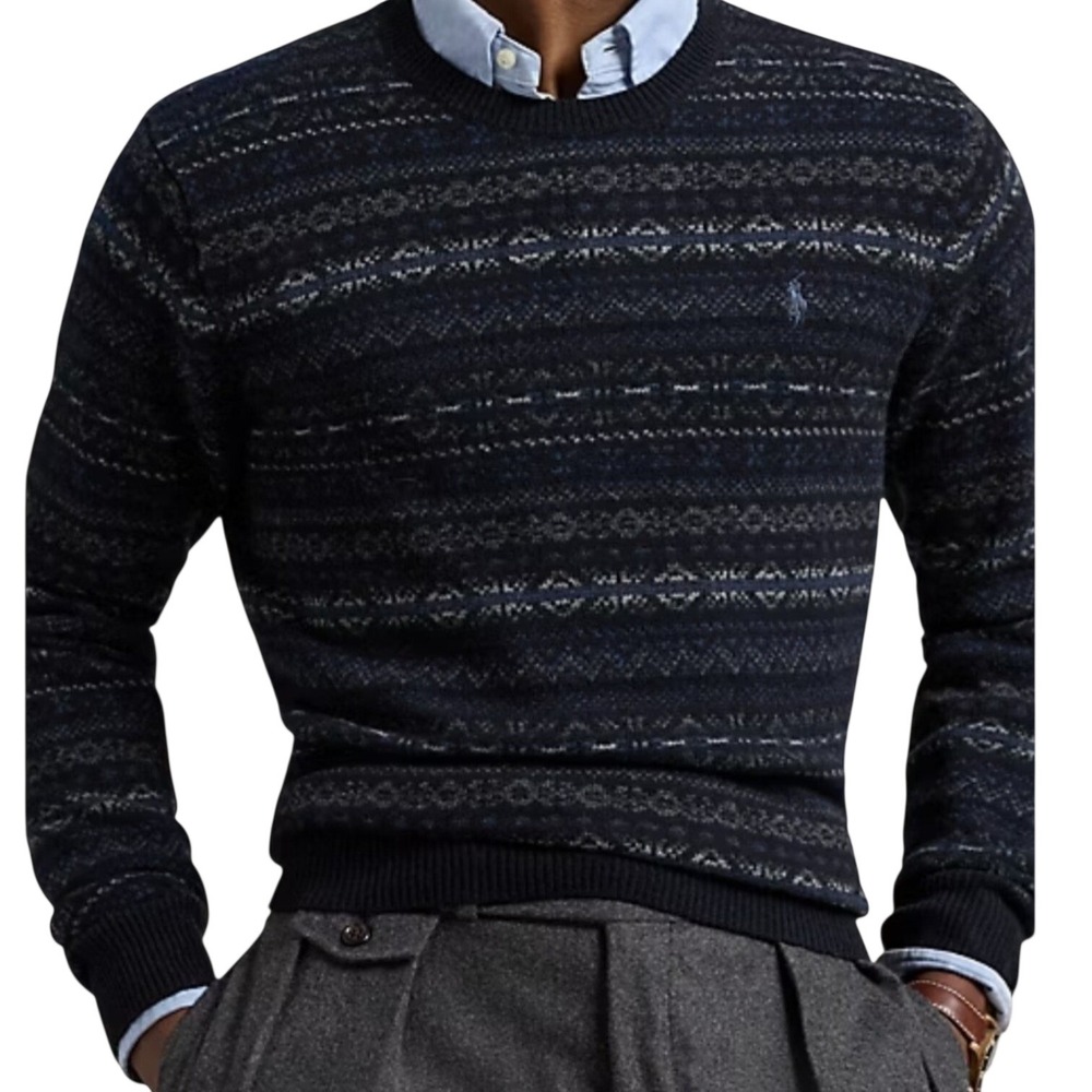 NWT Polo Ralph Lauren Blue Fair Isle Crewneck  100% Wool  Sweater Men's Size XL